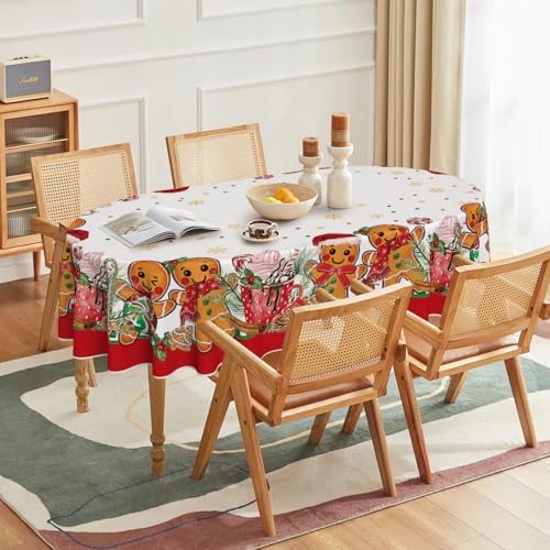 Christmas Tablecloth 60 x 84 Inch Oval Gingerbread Man & Bear Design - White Red