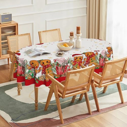 Christmas Tablecloth 60 x 84 Inch Oval Gingerbread Man & Bear Design - White Red