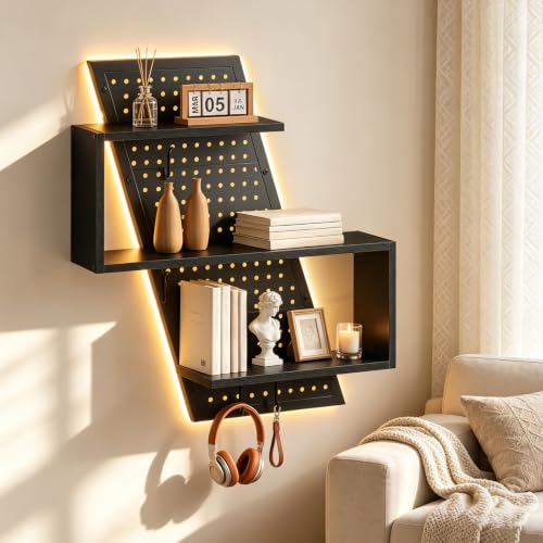 Black S-Shaped Gaming Floating Shelf with LED Light Strip, 3 Tiers & Hooks