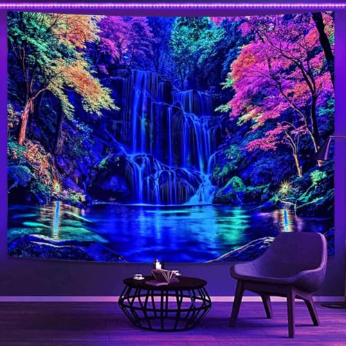 Blacklight Waterfall Forest Tapestry 48 x 36 Inch - Purple Blue Variation