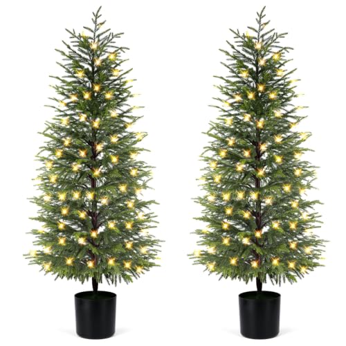 2-Pack 5FT Prelit Norfolk Pine Christmas Trees with LED Lights, Real Touch Foliage, Potted Faux Trees for Indoor Outdoor Decor
