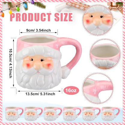 Pink Santa Coffee Mugs Set of 6 - 16 oz Ceramic Christmas Cups with Holiday Design