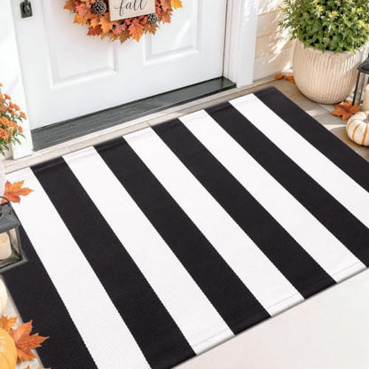Black White Striped Entryway Rug - 2'4 x 3'7 Front Door Mat - Farmhouse Style