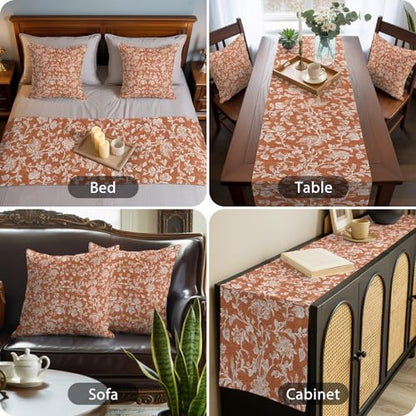 King Size Botanical Rose Bed Runner Set with Pillow Covers Burnt Orange 94x20"