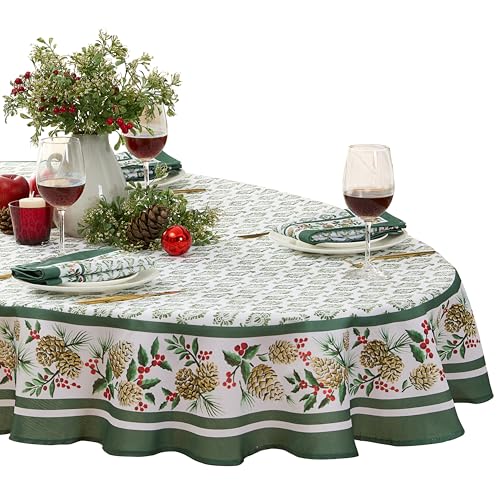 Christmas Holly Pinecone Border Fabric Tablecloth 60 x 84 Inch Oval - Holiday Green & White
