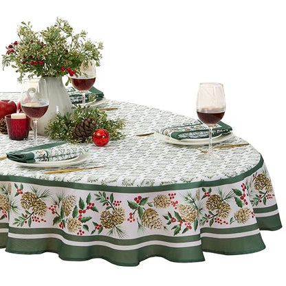 Christmas Holly Pinecone Border Fabric Tablecloth 60 x 84 Inch Oval - Holiday Green & White