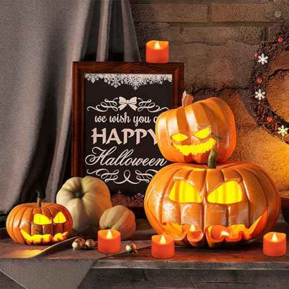 12 Pack Orange Tea Lights Battery Operated, Flameless Flickering Halloween LED Votive Tealight Candle, Outdoor Battery Flicker Electric Fake Candles Bulk for Pumpkin Christmas Fall Decorations