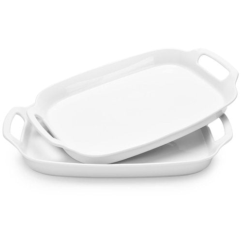 DOWAN Serving Tray - 15.4" Large Porcelain Platters with Handles for Weddings | Set of 2 White Dishes