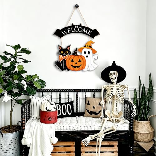 Large Black Wooden Halloween Ghost Door Wreath for Front Door & Wall Decor - Sophena