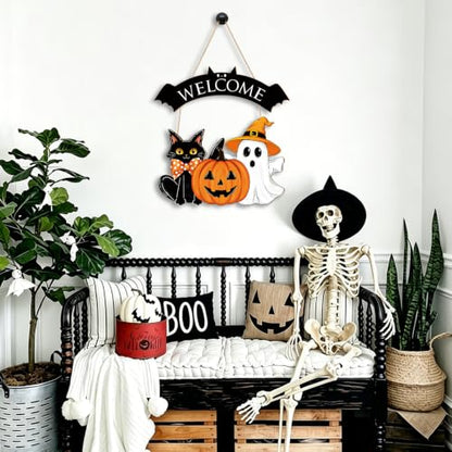 Large Black Wooden Halloween Ghost Door Wreath for Front Door & Wall Decor - Sophena