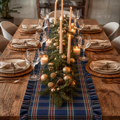 Navy Blue and Red Tartan Christmas Table Runner 72 Inch Ruffled