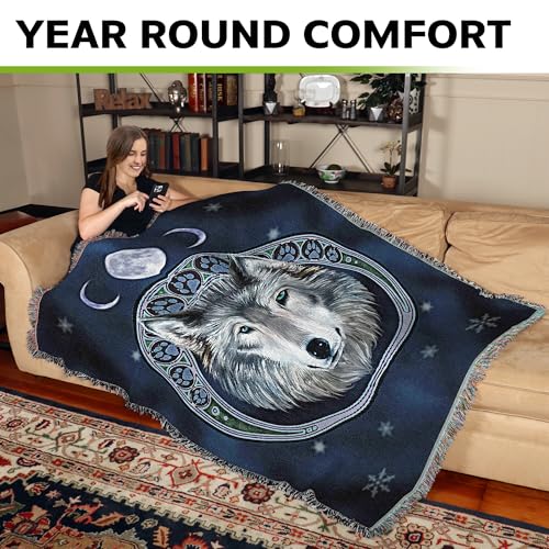 Lunar Wolf Woven Blanket - Fantasy Cotton Tapestry Throw - 72x54 Inches - Made in USA