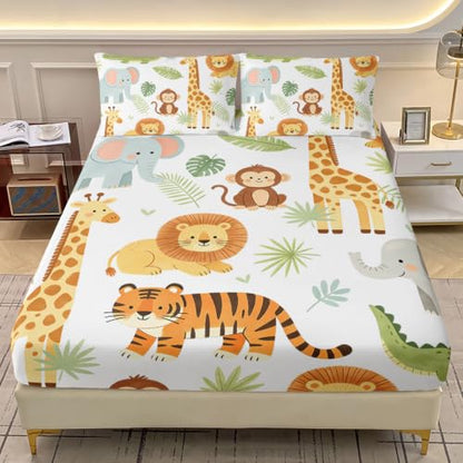 Twin Safari Animal Fitted Sheet Set with Pillowcases - Jungle Wildlife Bedding, 16-Inch Deep Pocket