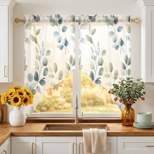 Blue Botanical Swag Curtains Set - 2 Panels 28x36 Inches, Summer Semi-Sheer Valance for Kitchen & Living Room - Variation: Blue / 28"W x 36"L