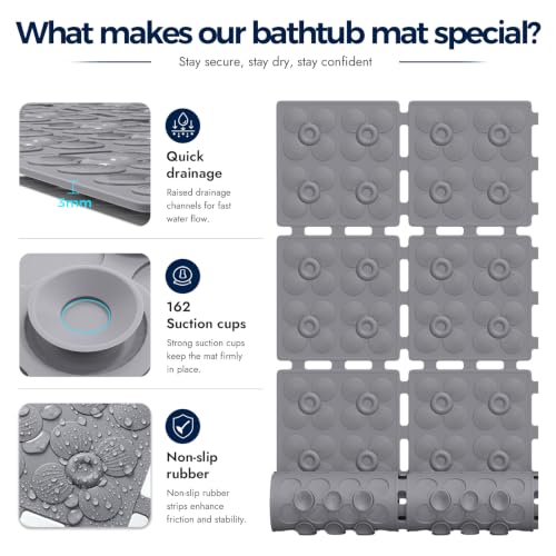 Non Slip Shower Mat 31.5 x 16 Inches Grey - TPE Bath Mat with Suction Cups
