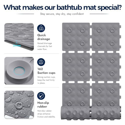 Non Slip Shower Mat 31.5 x 16 Inches Grey - TPE Bath Mat with Suction Cups