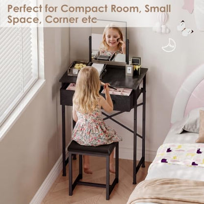 Black Vanity Desk with Mirror & Chair - 19.7in Mini Dressing Table Set for Kids & Teens (Variation: Black)