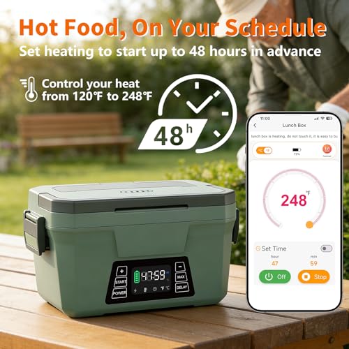 Monteka Cordless Electric Lunch Box - Dark Green, Rechargeable Food Warmer with Scheduled Heating & Keep Warm Function