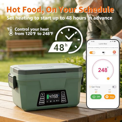 Monteka Cordless Electric Lunch Box - Dark Green, Rechargeable Food Warmer with Scheduled Heating & Keep Warm Function