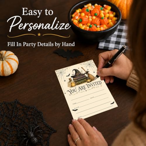 Halloween Party Invitations - Witch Hat Potion Books & Broom - Fill In Cards with Envelopes - Books & Broom Variant
