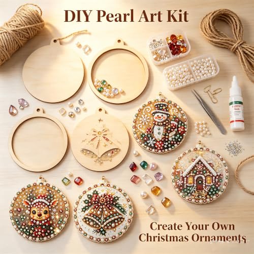 Multi-Colored Wooden Christmas Ornament DIY Craft Kit with Pearls & Gems