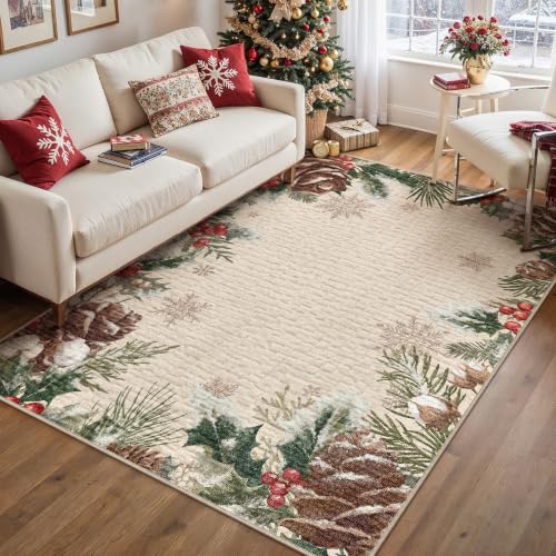 Christmas Decor Beige 6x9 Area Rug - Textured Holiday Farmhouse Style