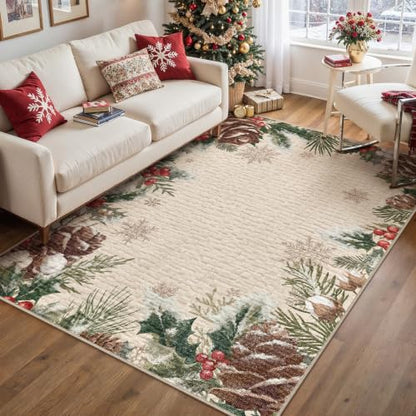 Christmas Decor Beige 6x9 Area Rug - Textured Holiday Farmhouse Style