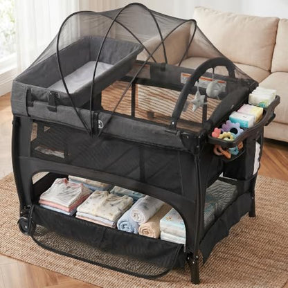 Kinder King Portable Pack and Play Baby Playard with Bassinet - Light Grey