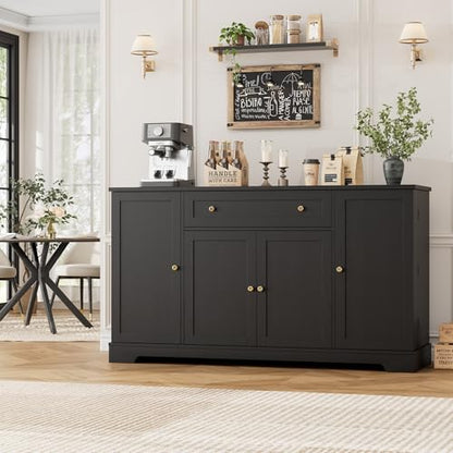 54-Inch Black Kitchen Buffet Cabinet with Storage Drawers & Shelves