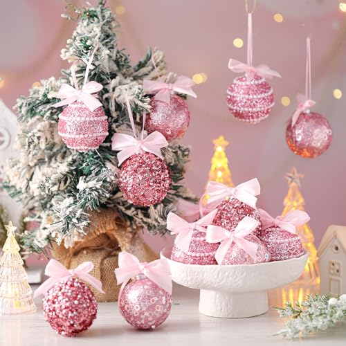 Pink Glitter Christmas Ball Ornaments Set - 12 Pack with Bow - Holiday Decor
