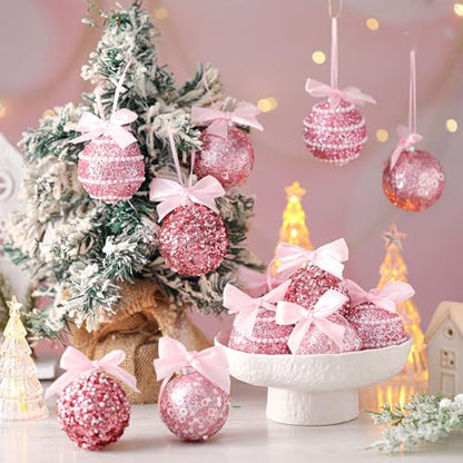 Pink Glitter Christmas Ball Ornaments Set - 12 Pack with Bow - Holiday Decor