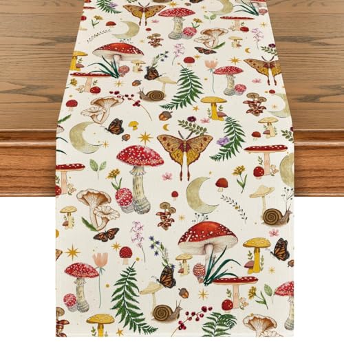 Beige Modern Mushroom Table Runner 13x72 Inch Seasonal Farmhouse Kitchen Decor