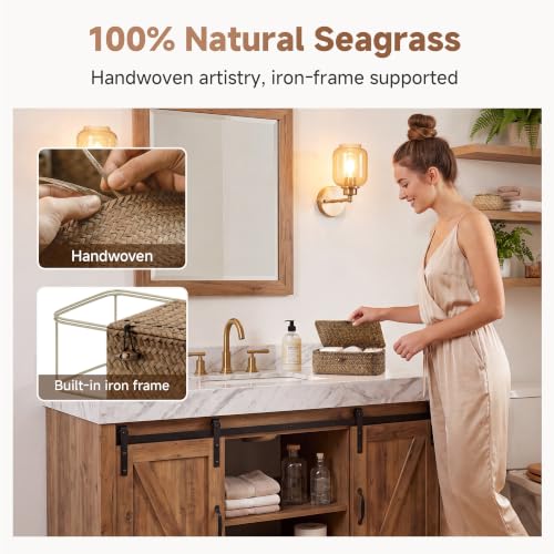 StorageWorks Wicker Basket with Lid - Brown Seagrass, 9 x 5 x 3¼ Inches