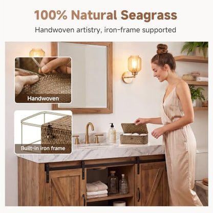 StorageWorks Wicker Basket with Lid - Brown Seagrass, 9 x 5 x 3¼ Inches