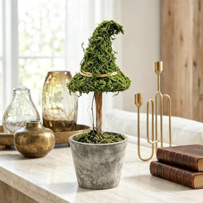Artificial Moss Witch Hat Topiary Tree in Pot - Gothic Halloween Decor, Green & Brown