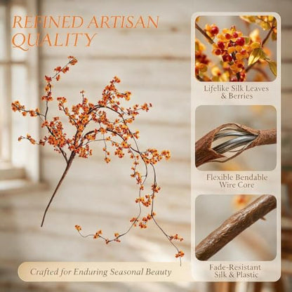 Artificial Bittersweet Berry Stems - Fall Decor, 31.5in, Orange Red Brown - Set of 3