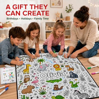 Personalized Jungle Animals Coloring Blanket with 24 Markers - Style 7, Fleece