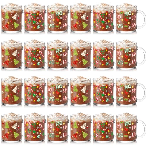 24 Pcs Christmas Glass Mug Gift Set - 12 oz Holiday Coffee Cups with Handles - Winter Designs