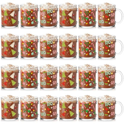 24 Pcs Christmas Glass Mug Gift Set - 12 oz Holiday Coffee Cups with Handles - Winter Designs