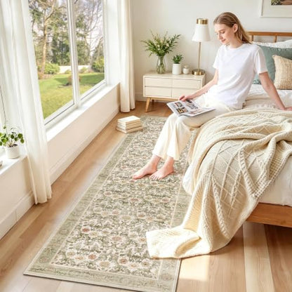 Beige Sage 2x8 Washable Non-Slip Floral Runner Rug - Vintage Boho Hallway Mat