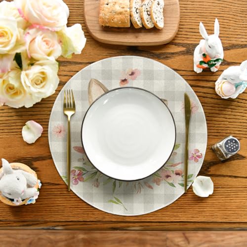 14-Inch Bunny Rabbit Ears Buffalo Plaid Easter Round Placemats Set of 4 for Spring Table Decor