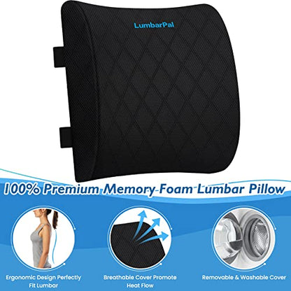 LumbarPal Lumbar Support Pillow for Office Chair Back Support Lumbar Pillow for Car, Gaming, Office Chair - Improve Sitting Posture & Back Pain Relief, Memory Foam, Adjustable Straps, Black