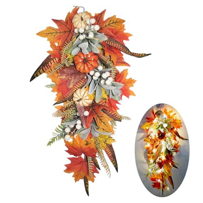 Pre-Lit Fall Teardrop Swag Wreath for Front Door - Autumn Halloween Decor