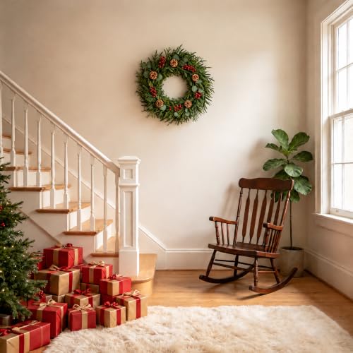 24 Inch Artificial Christmas Wreath with Pine Cones and Eucalyptus for Front Door & Indoor Decor