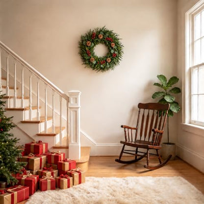 24 Inch Artificial Christmas Wreath with Pine Cones and Eucalyptus for Front Door & Indoor Decor
