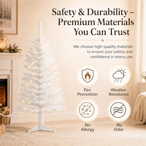 White Artificial Christmas Tree with Lights - 4ft Holiday Decor - Variation: White