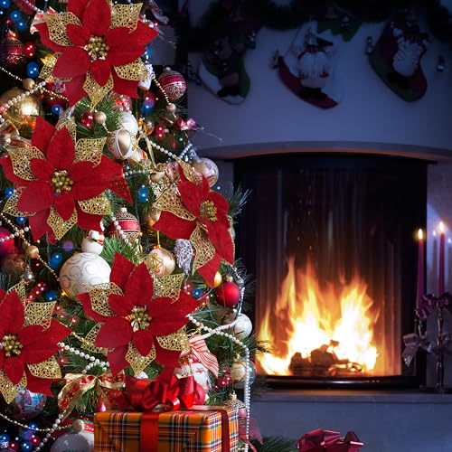 Childom 12 pcs Glitter Poinsettia Flowers for Christmas Decorations - Dark Red & Gold, 8.7 Inch