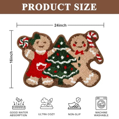 Christmas Bathroom Rug - Cute Gingerbread Bath Mat 16x24 Inches - Red Green Variation