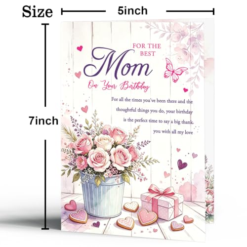 Mom Birthday Card – Heartfelt Greeting Card for Mother, Pink Floral Design, 5x7 Inches, Variation ZC-093