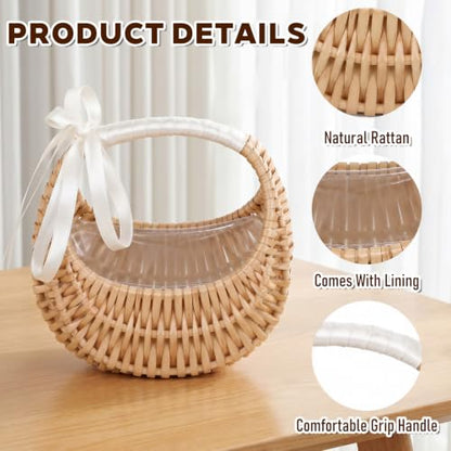 4 Pack Rattan Flower Girl Baskets Half Moon Straw Wicker Decor